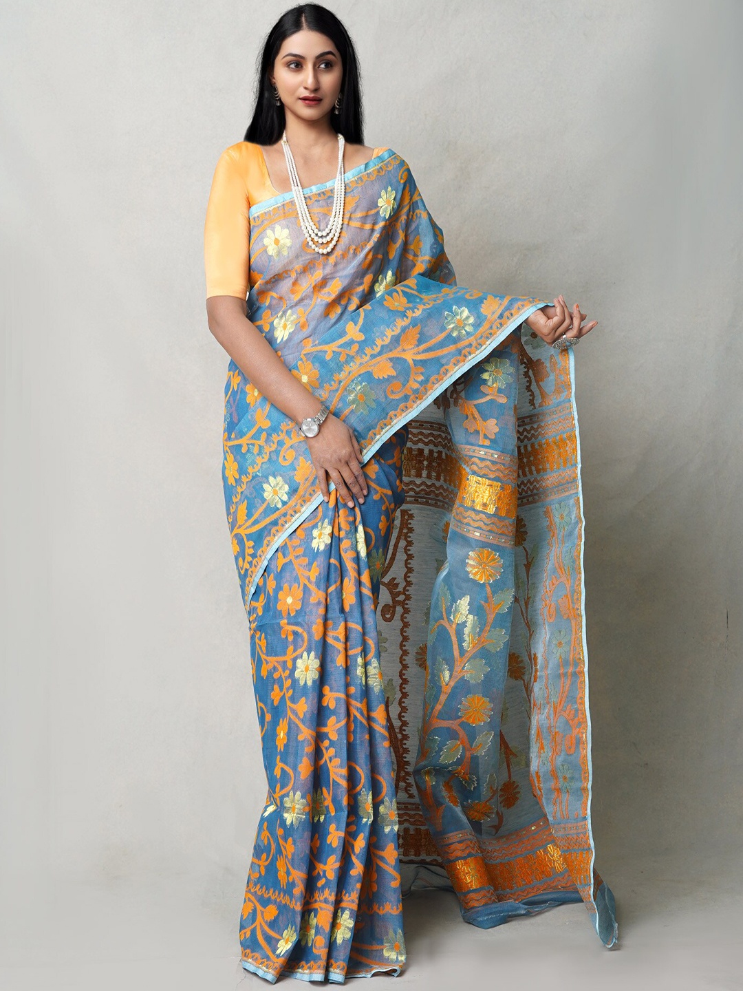 

Unnati Silks Woven Design Pure Cotton Jamdani Saree, Blue