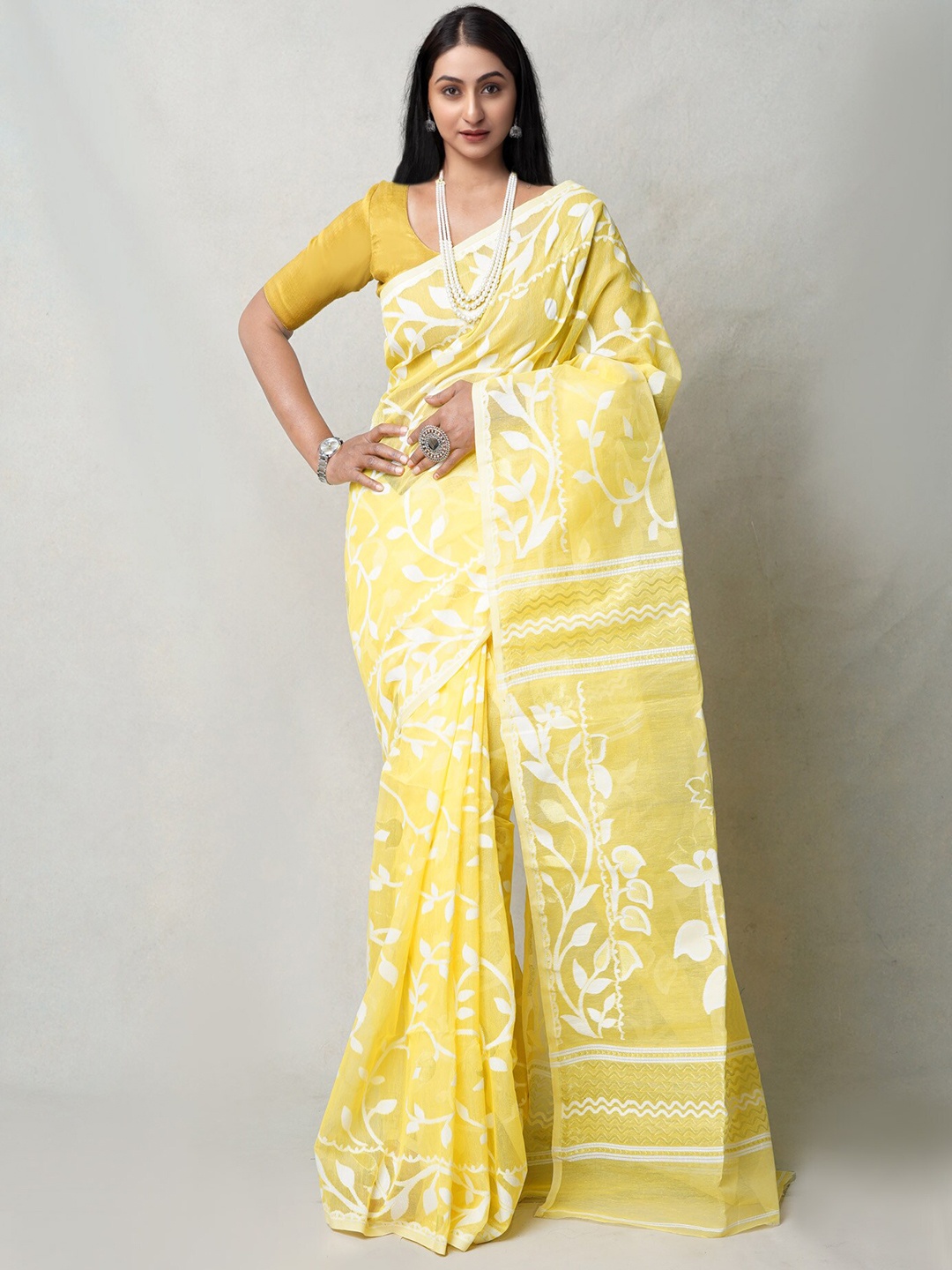 

Unnati Silks Woven Design Zari Pure Cotton Handloom Jamdani Saree, Yellow