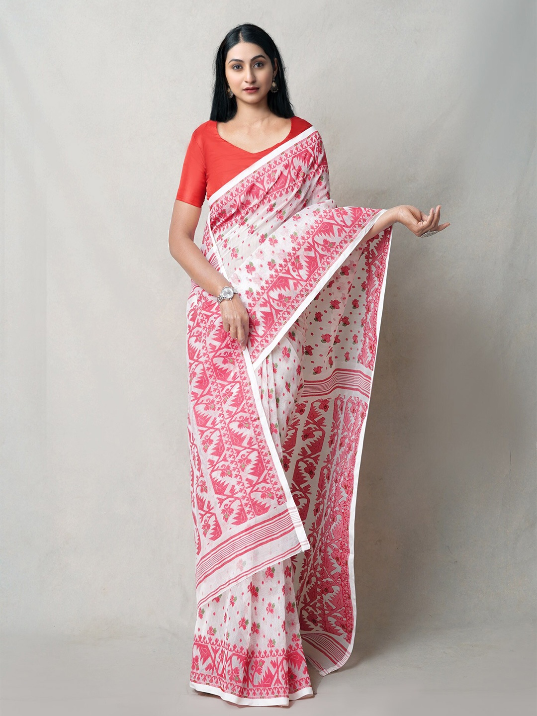 

Unnati Silks Floral Woven Design Pure Cotton Handloom Jamdani Saree, White