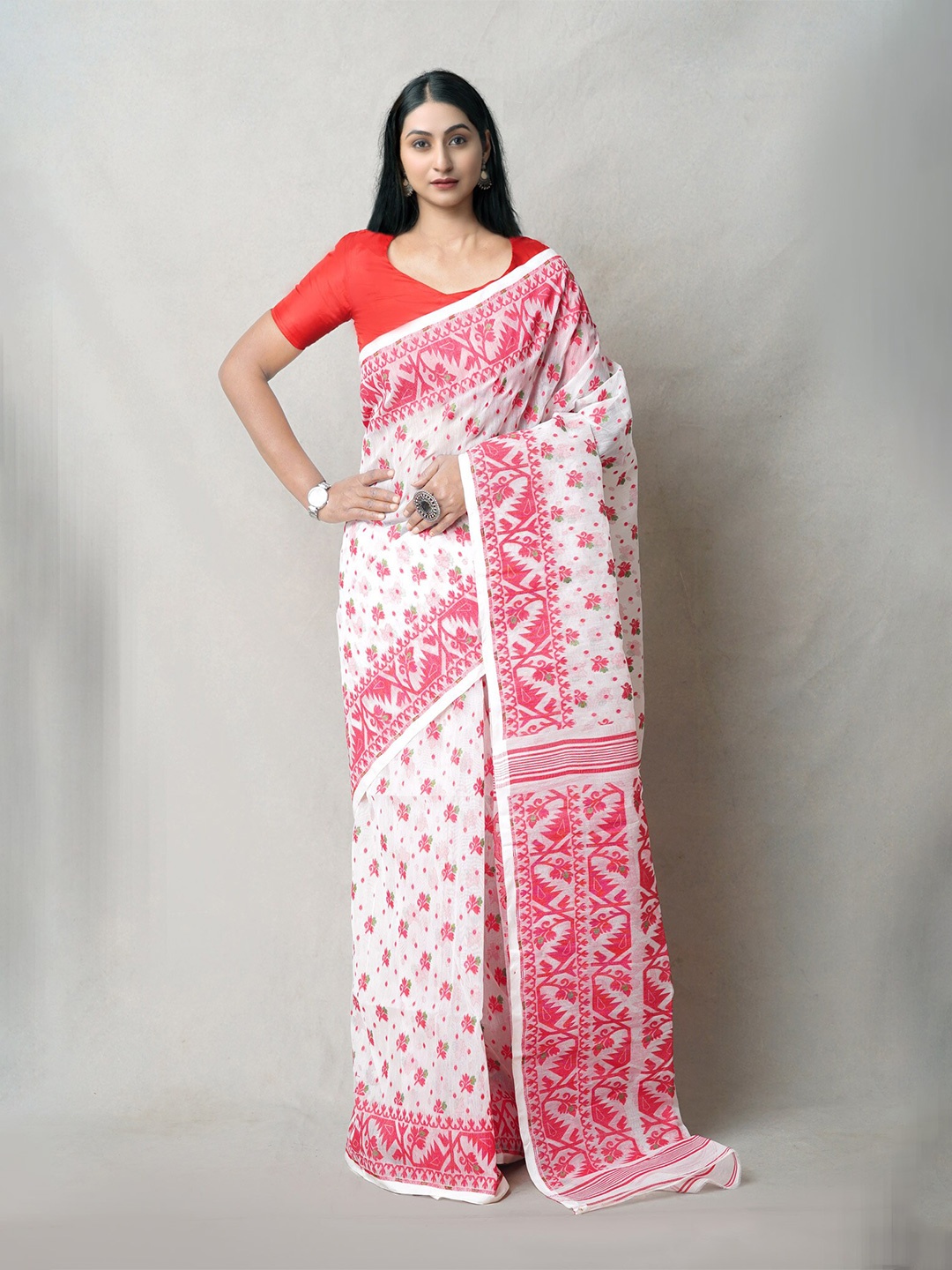 

Unnati Silks Woven Design Pure Cotton Handloom Jamdani Saree, White