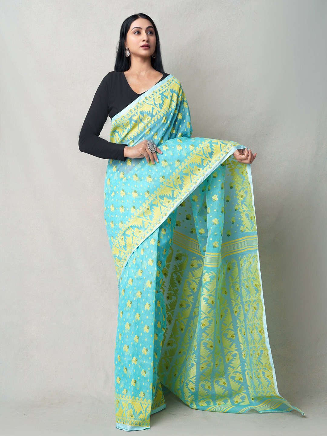 

Unnati Silks Floral Pure Cotton Jamdani Saree, Blue