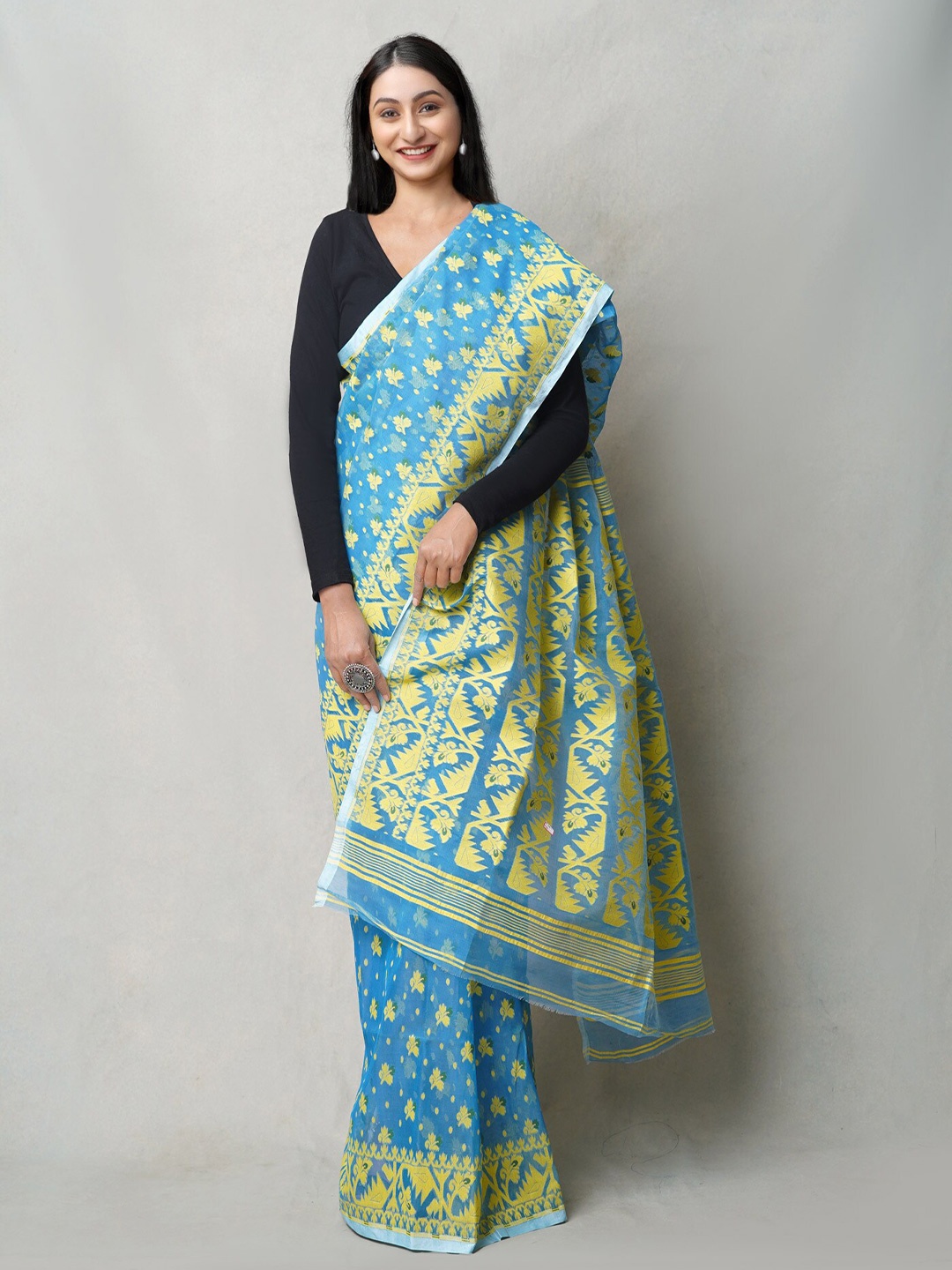 

Unnati Silks Woven Design Pure Cotton Handloom Jamdani Saree, Blue