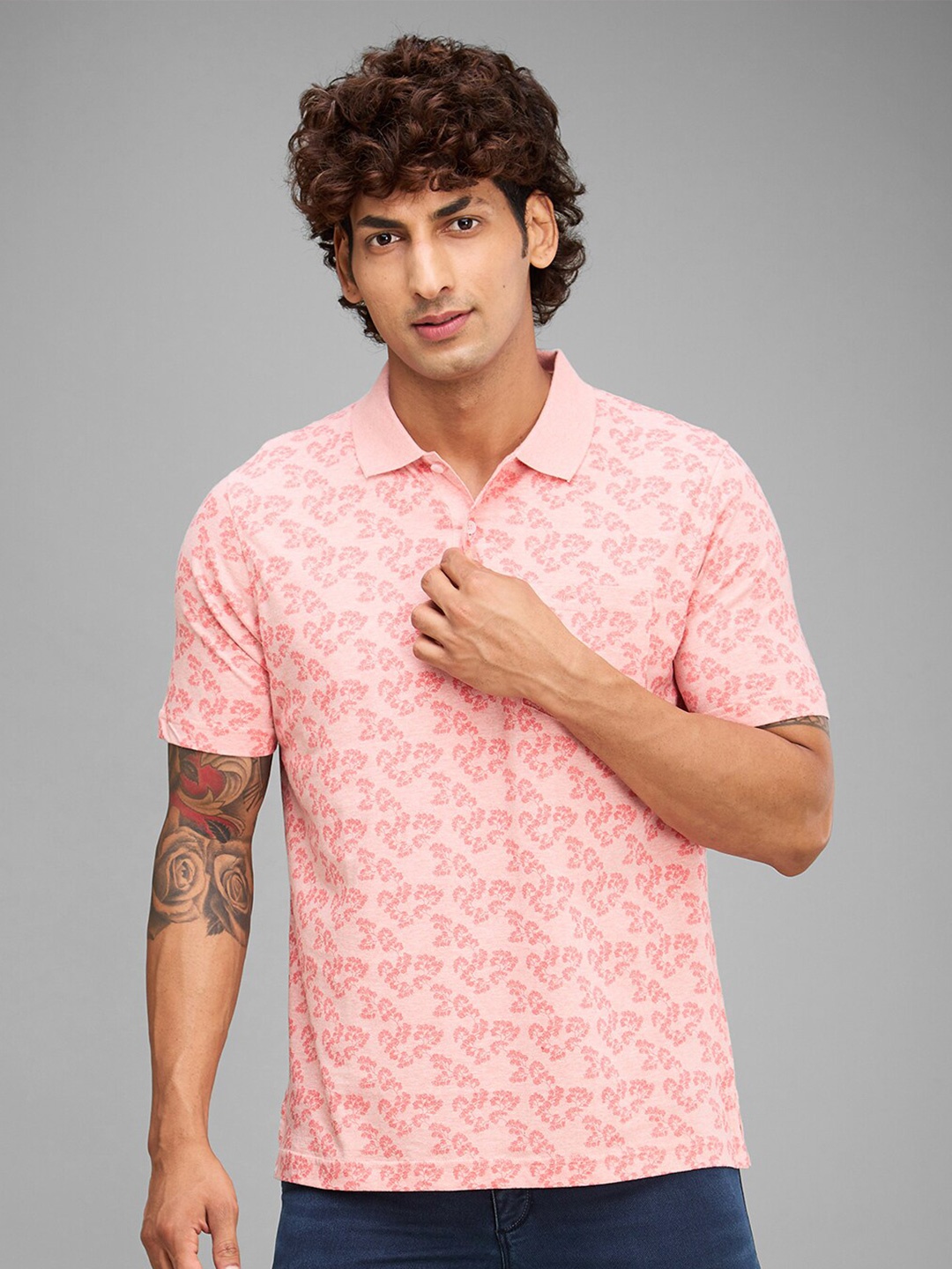 

ColorPlus Floral Printed Polo Collar Cotton T-shirt, Orange
