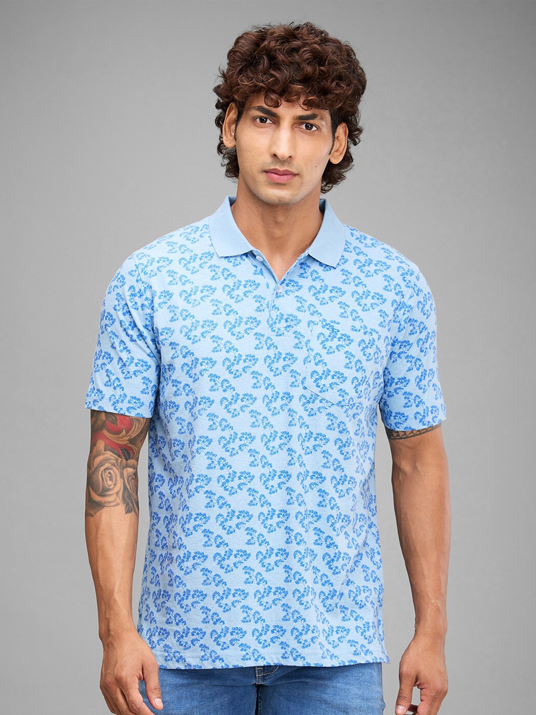 

ColorPlus Floral Printed Cotton Polo Collar T-shirt, Blue