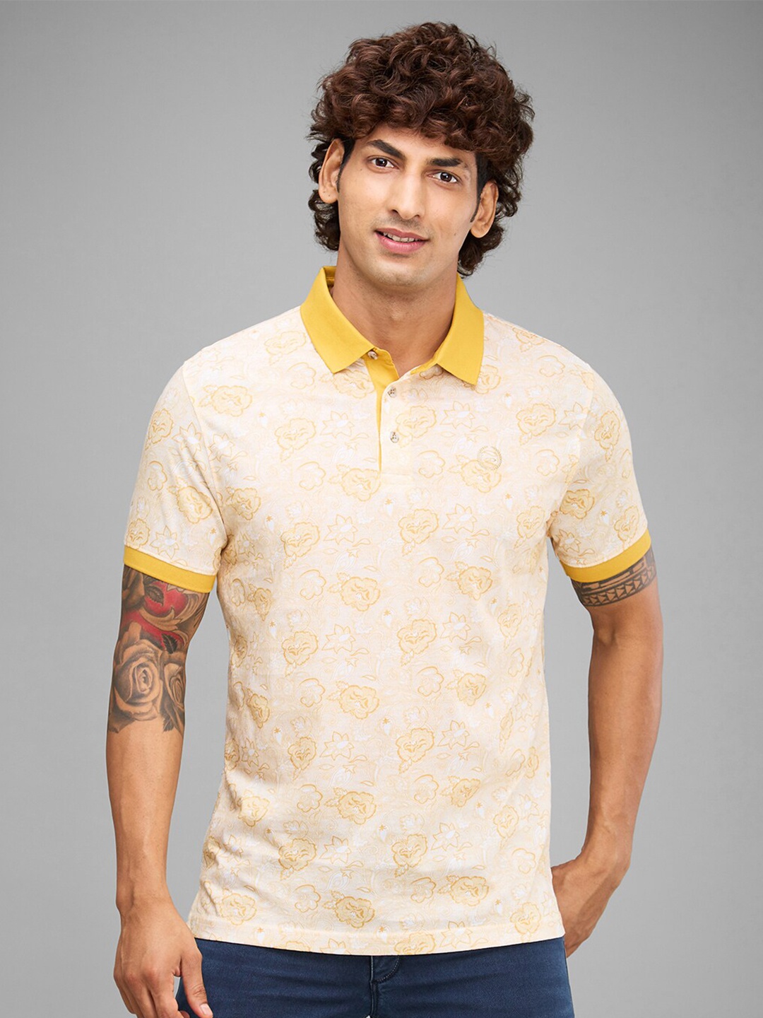 

ColorPlus Floral Printed Cotton Polo Collar T-shirt, Yellow