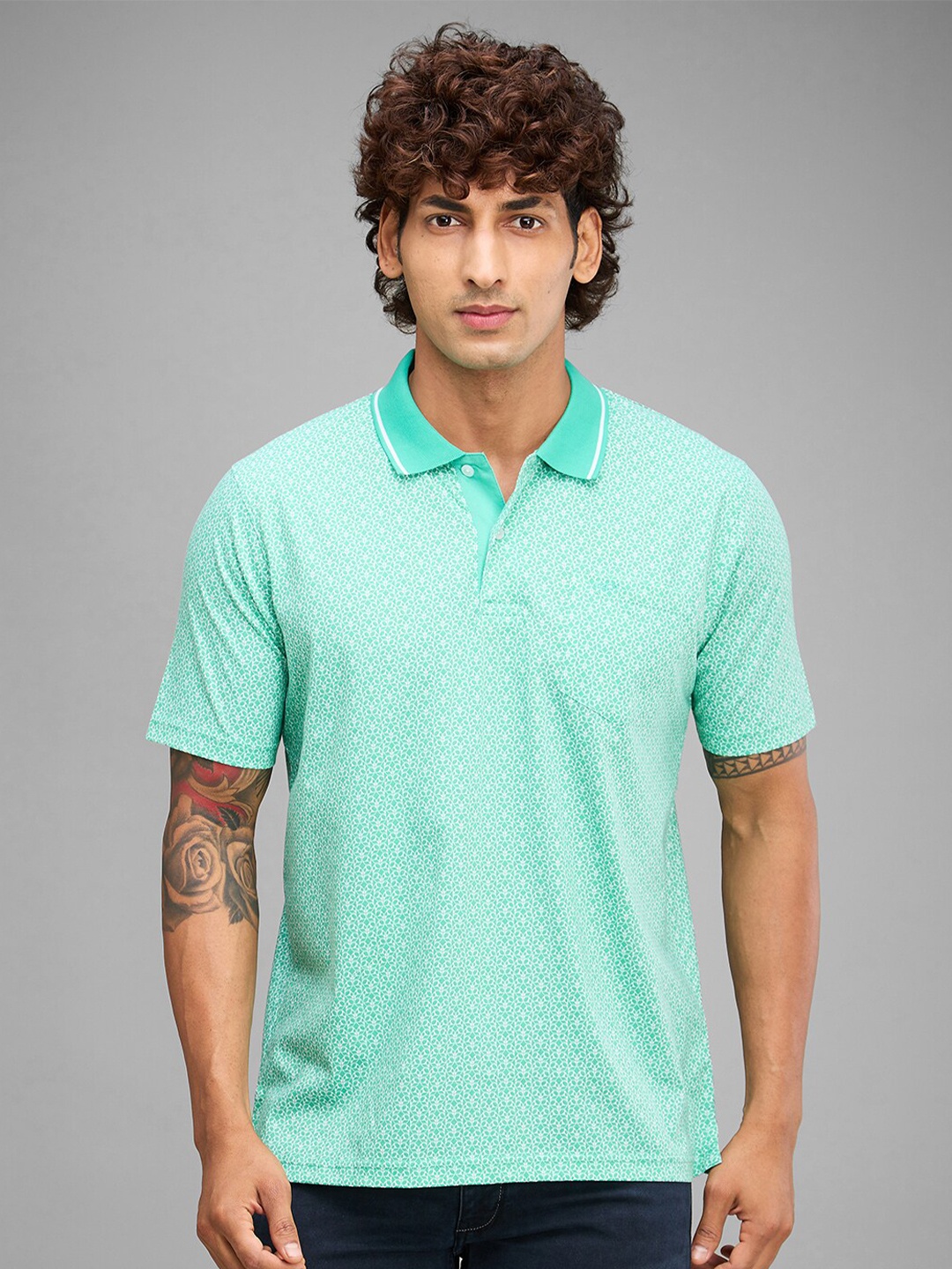 ColorPlus Printed Cotton Polo Collar T-shirt, Sea green