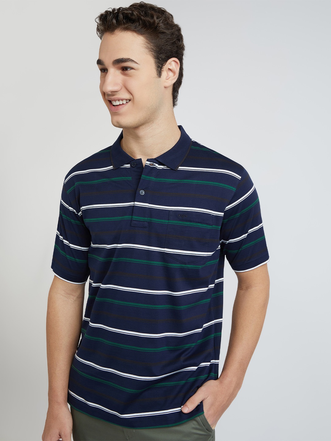 ColorPlus Striped Polo Collar Relaxed Fit Cotton T-shirt, Blue