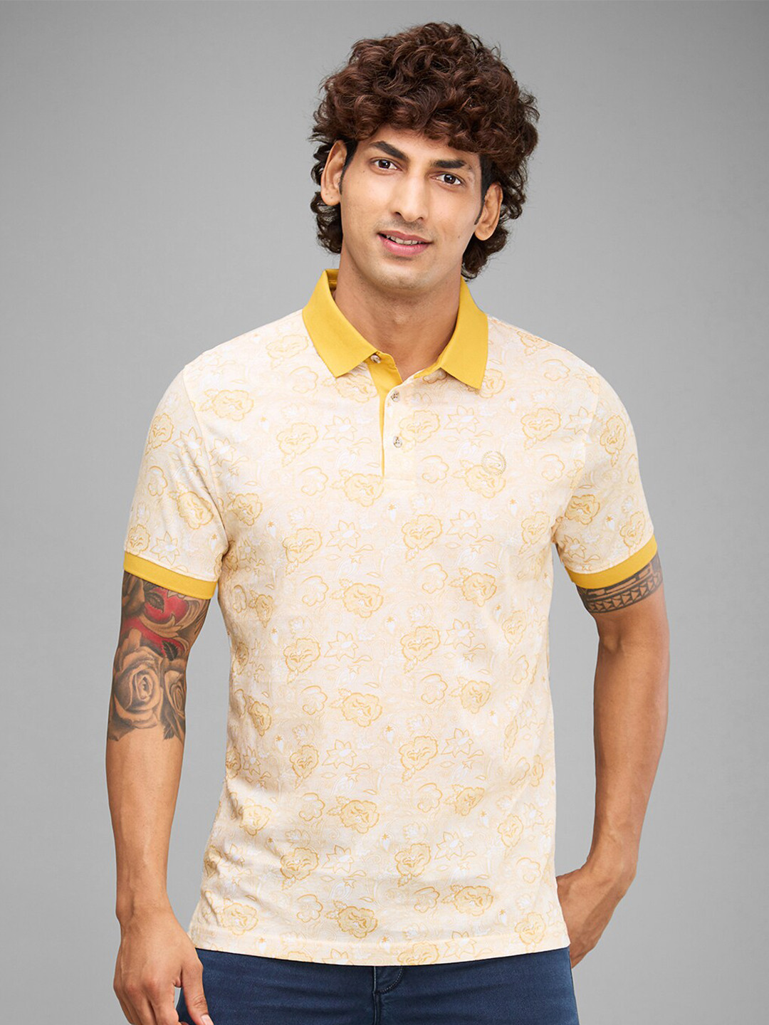 

ColorPlus Floral Printed Polo Collar Relaxed Fit Cotton T-shirt, Yellow