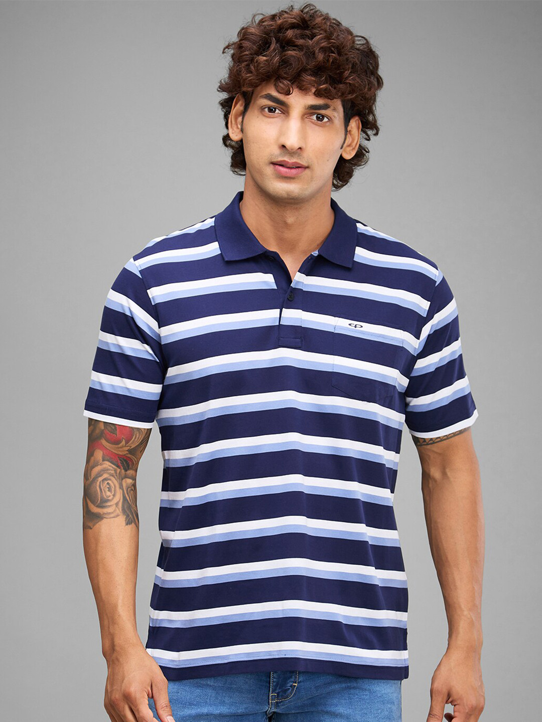 

ColorPlus Striped Polo Collar Cotton T-shirt, Blue