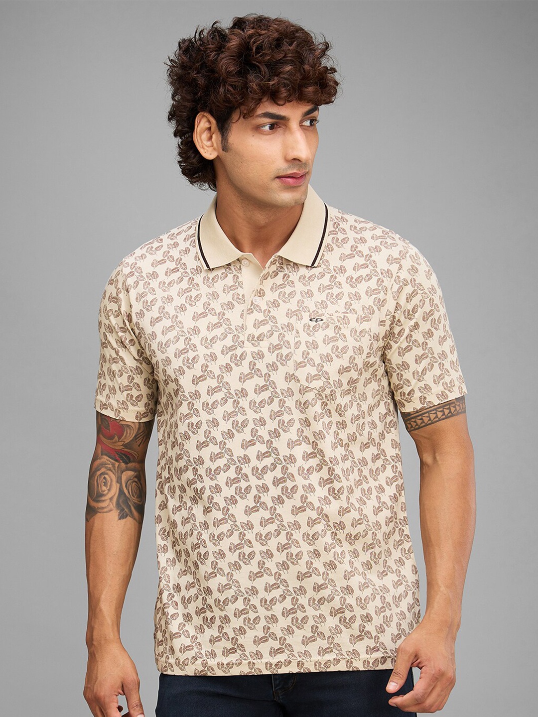 

ColorPlus Floral Printed Polo Collar Relaxed Fit Cotton T-shirt, Beige