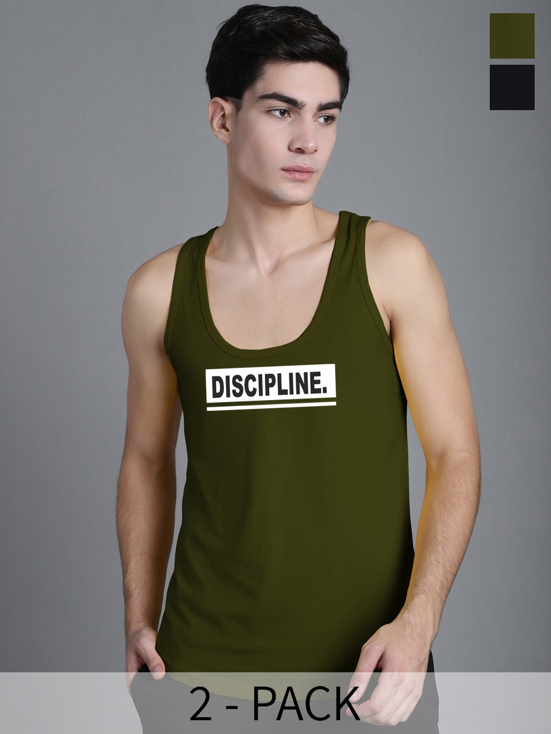 

FBAR Pack Of 2 Printed Pure Cotton Innerwear Gym Vests, Olive