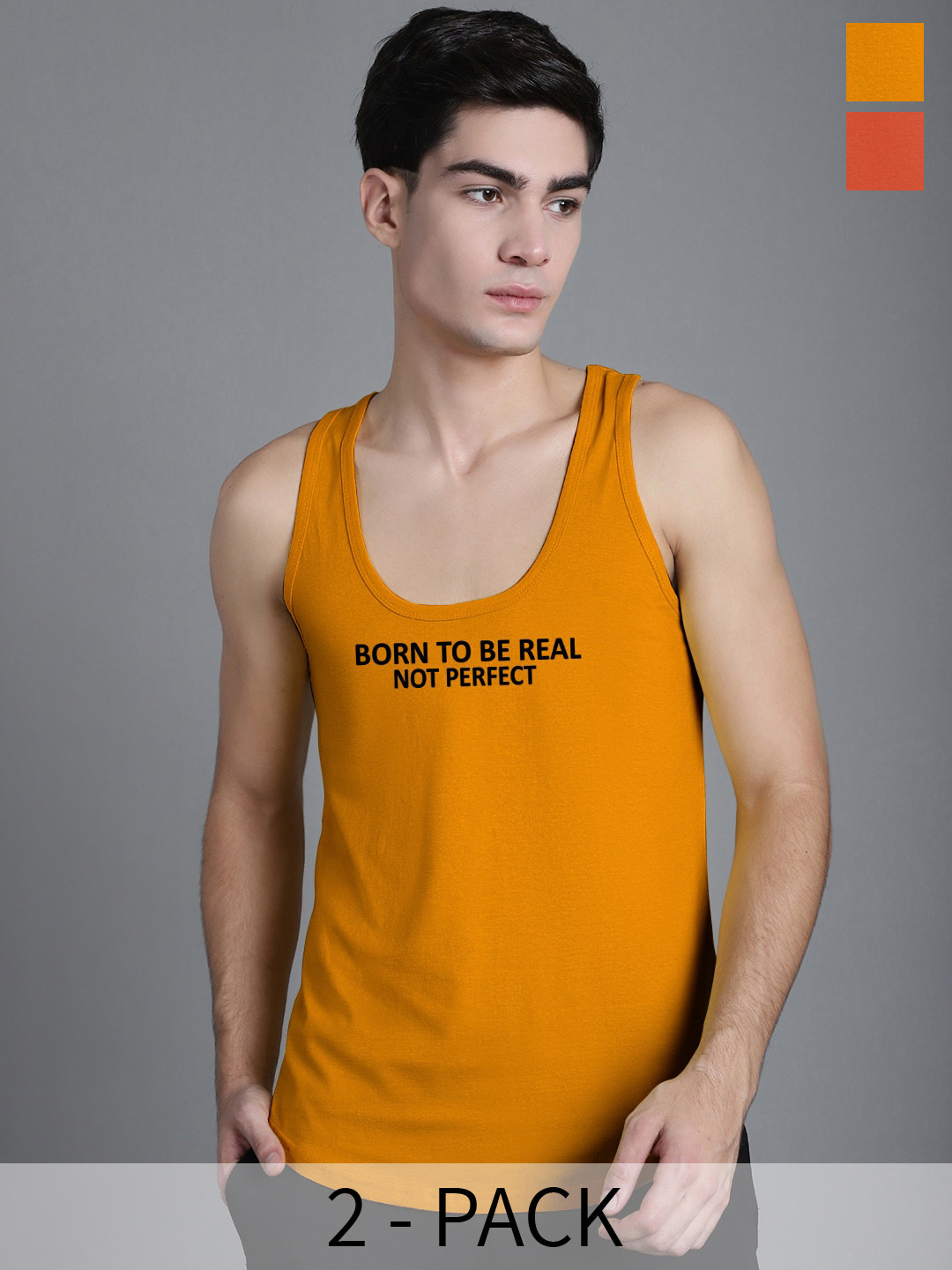 

FBAR Pack Of 2 Printed Pure Cotton Innerwear Gym Vests, Mustard