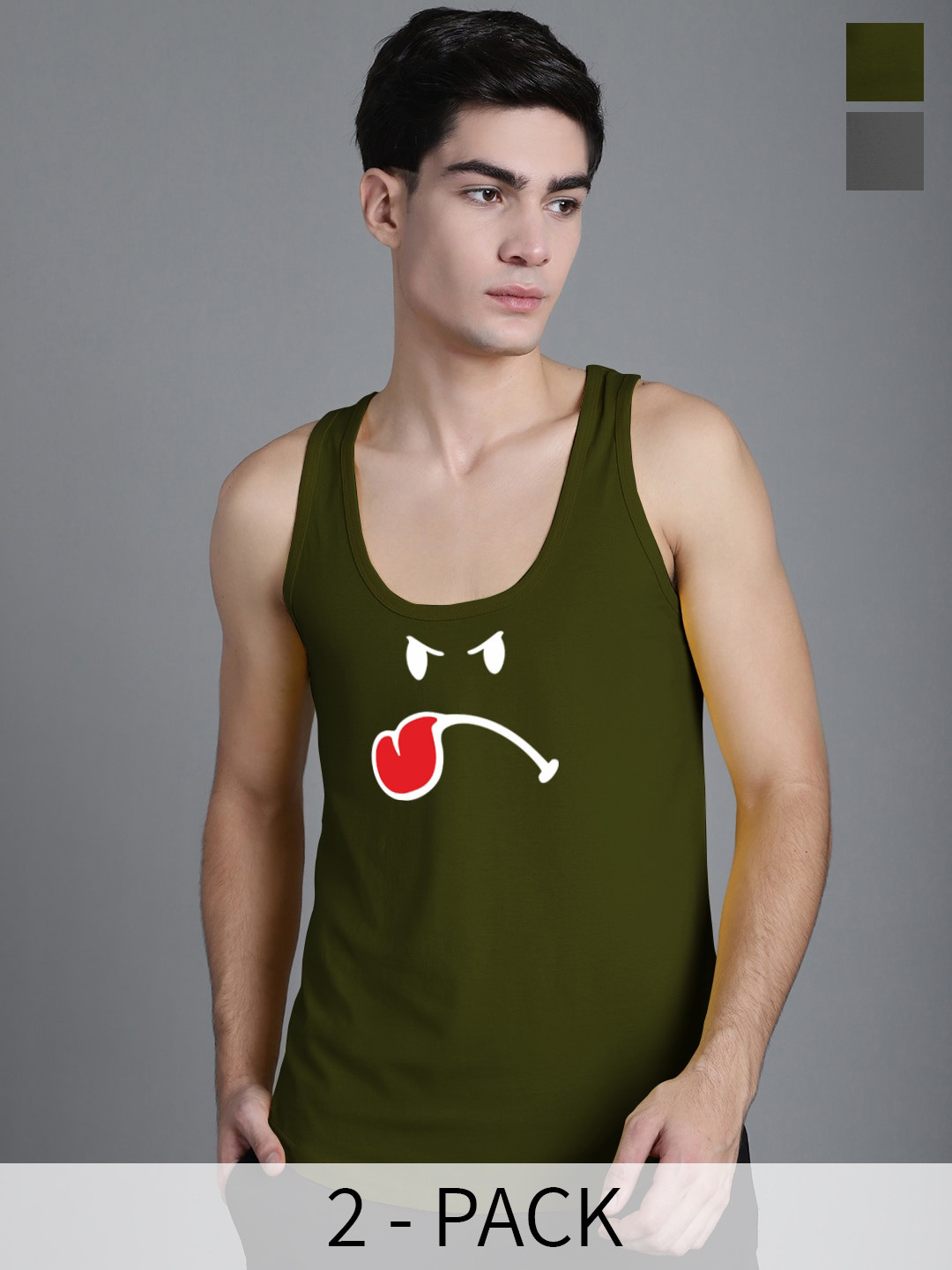 

FBAR Pack Of 2 Printed Pure Cotton Innerwear Gym Vests, Olive