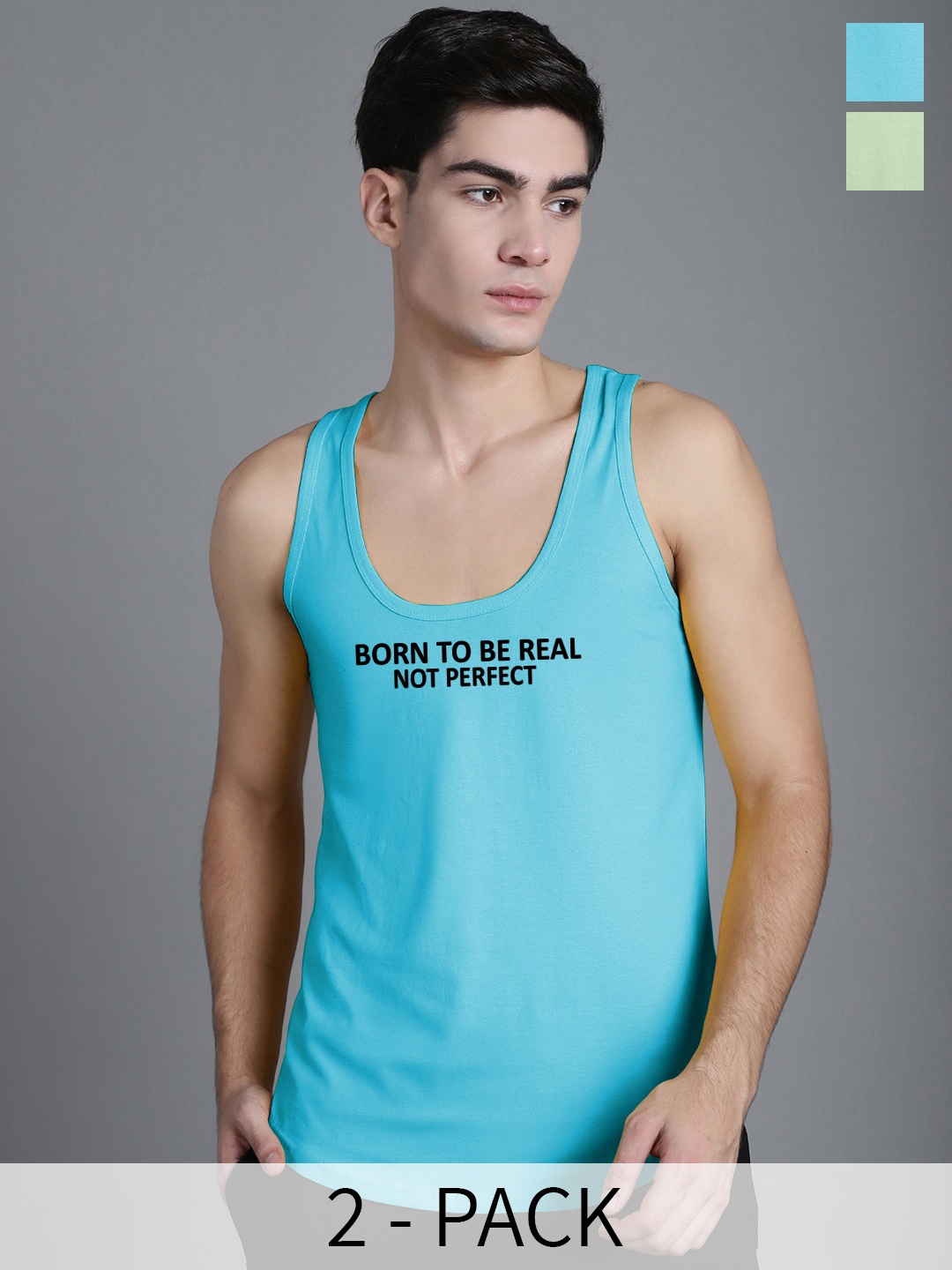 

FBAR Pack Of 2 Printed Pure Cotton Innerwear Gym Vests, Sea green