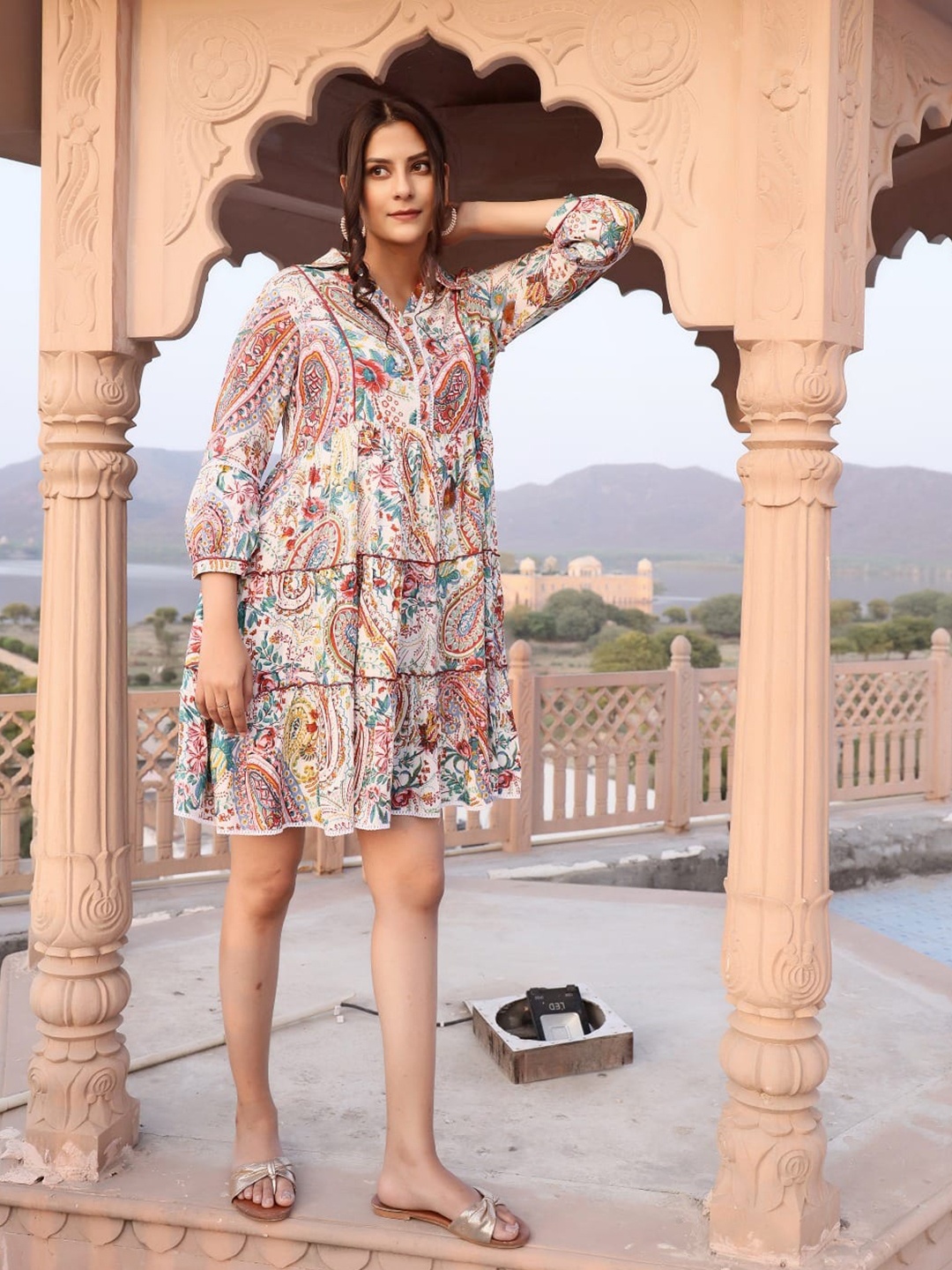 

Art Avenue Ethnic Motifs Printed Shirt Collar Gathered Tiered A-Line Dress, White
