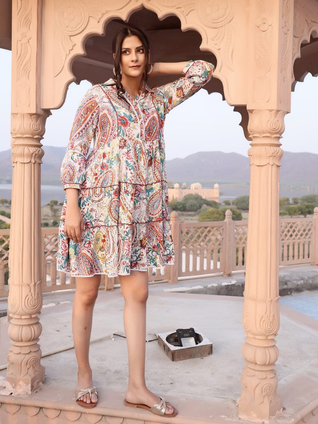 

Art Avenue Ethnic Motifs Printed Shirt Collar Gathered Tiered A-Line Dress, White