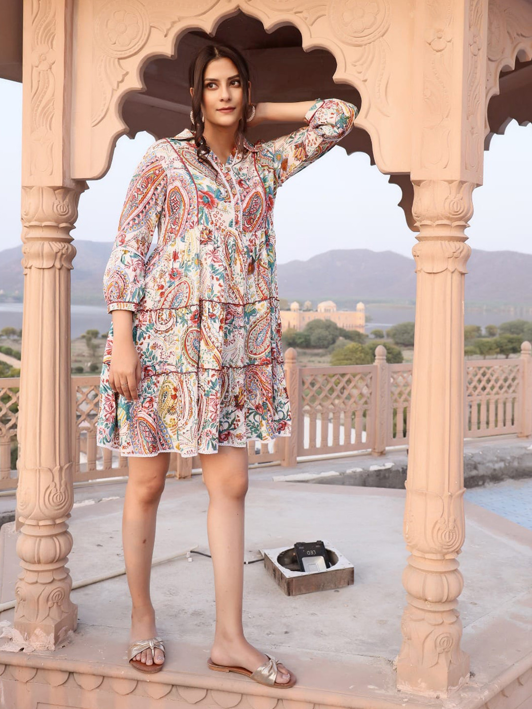 

Art Avenue Ethnic Motifs Printed Shirt Collar Gathered Tiered A-Line Dress, White
