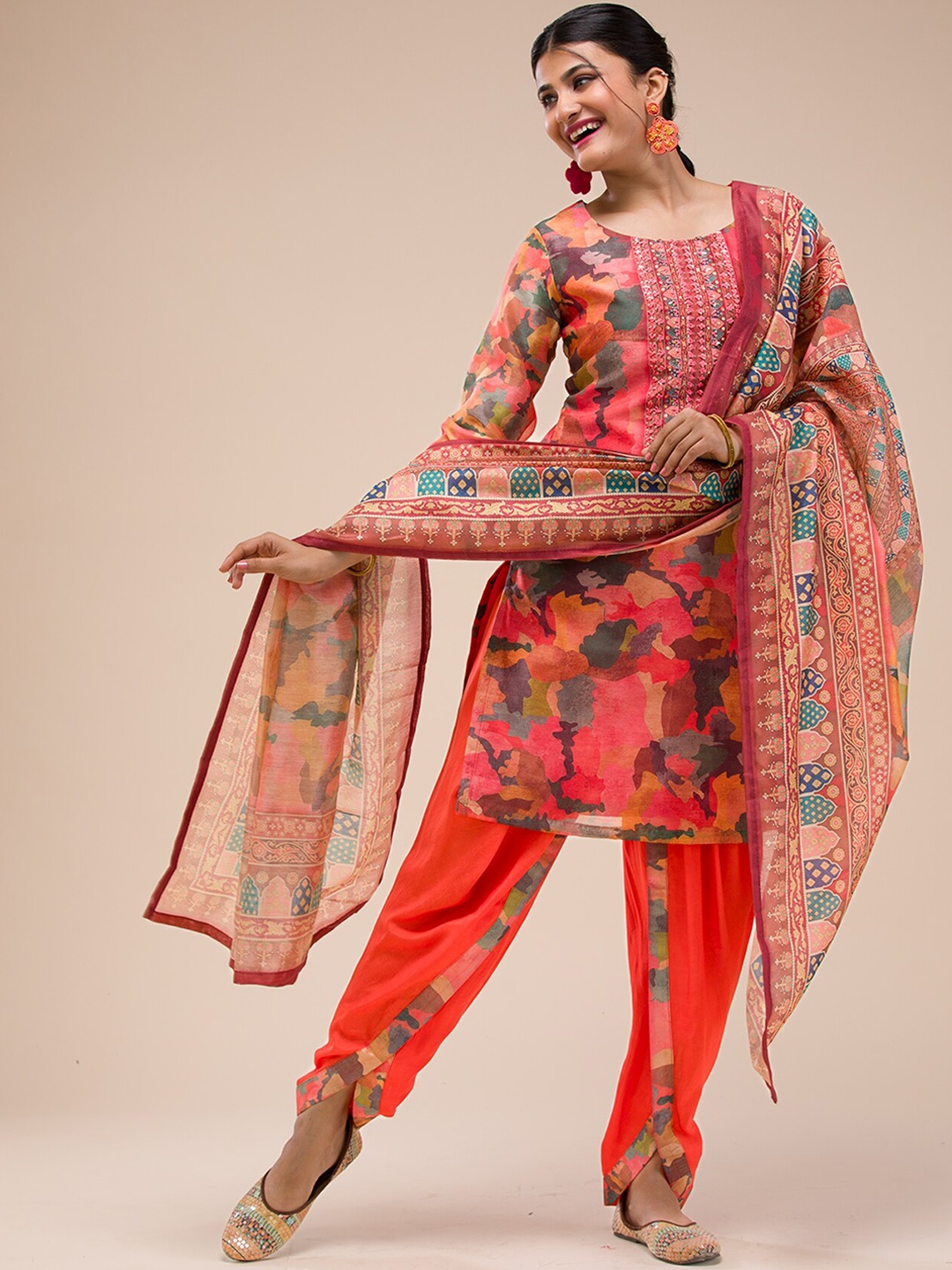 

Koskii Floral Print Thread Work Chanderi Cotton Straight Kurta with Dhoti Pants & Dupatta, Orange