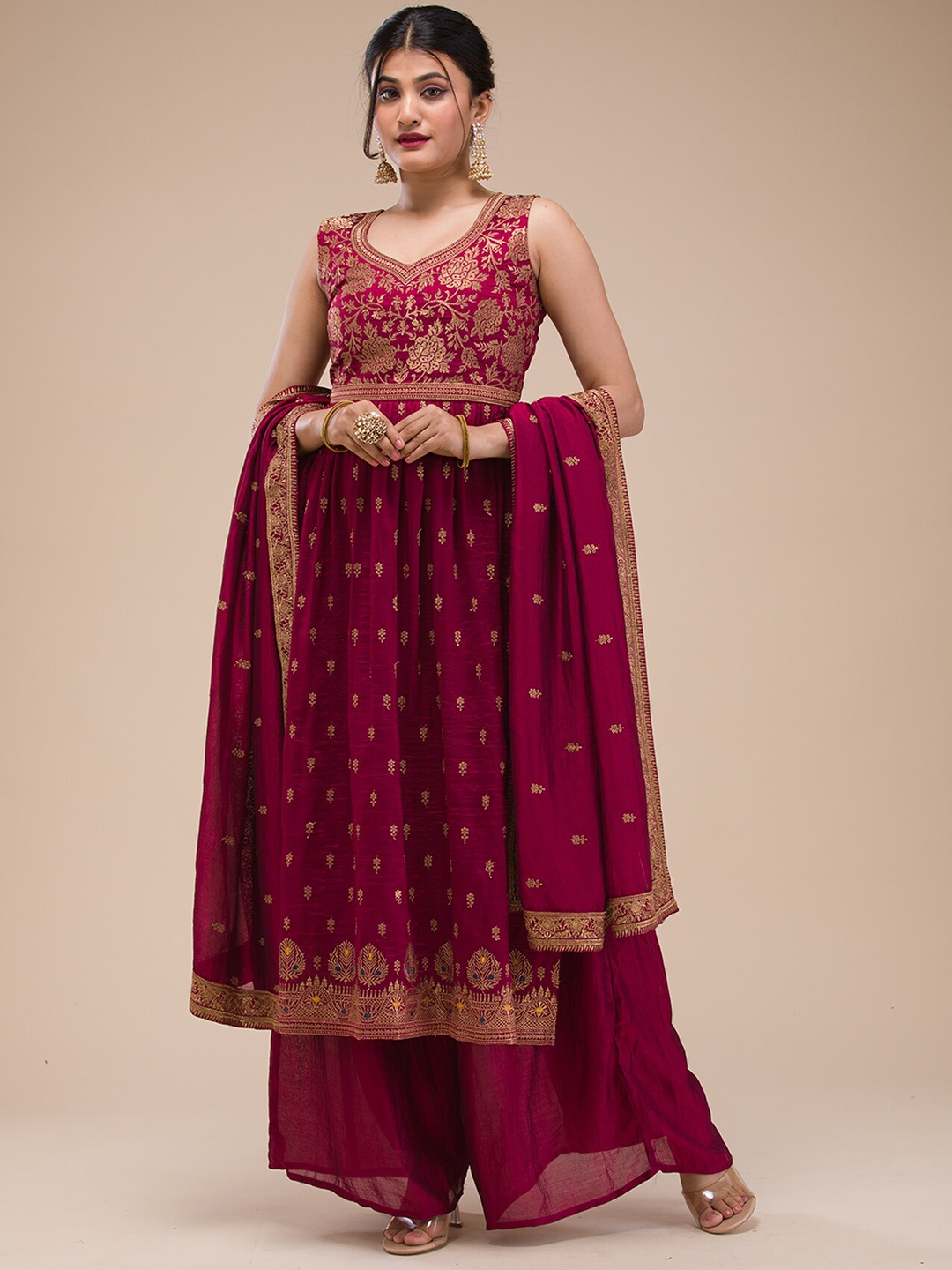 

Koskii V Neck Floral Regular Raw Silk Anarkali Kurta with Palazzos & With Dupatta, Maroon