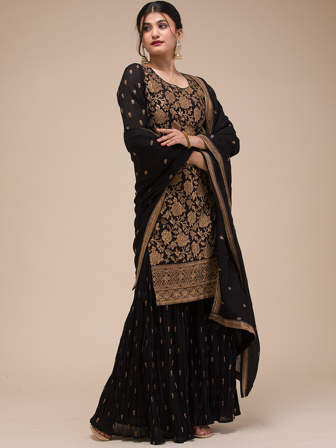 

Koskii Round Neck Floral Embroidered Regular Kurti with Sharara & With Dupatta, Black