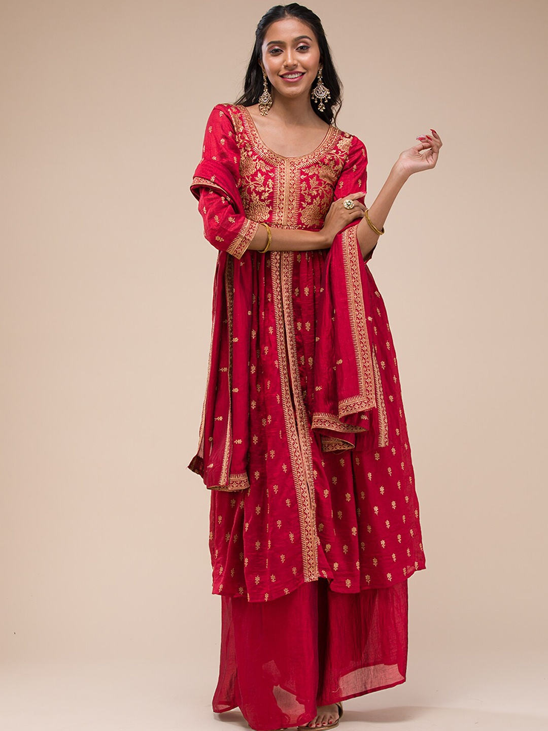 

Koskii Round Neck Floral Embroidered Regular Raw Silk Anarkali Kurta Set, Maroon