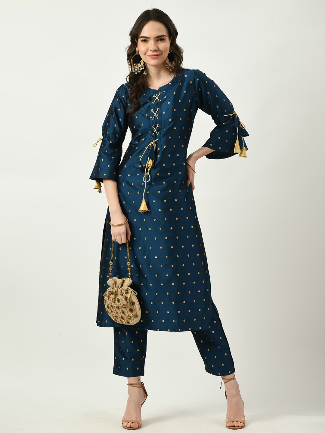 

FRENY FASHION Geometric Woven Design Tie-Up Neck Straight Kurta With Trouser, Blue