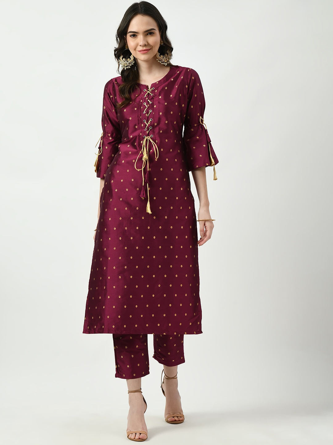 

FRENY FASHION Geometric Woven Design Tie-Up Neck Straight Kurta With Trouser, Maroon