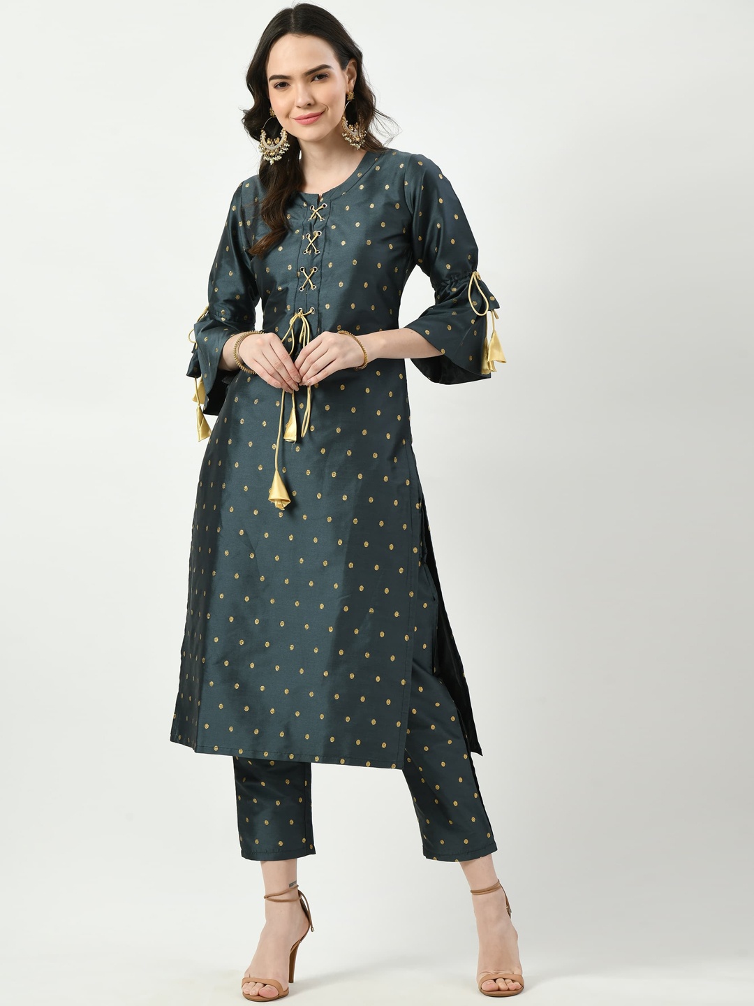 

FRENY FASHION Geometric Woven Design Tie-Up Neck Straight Kurta With Trouser, Green