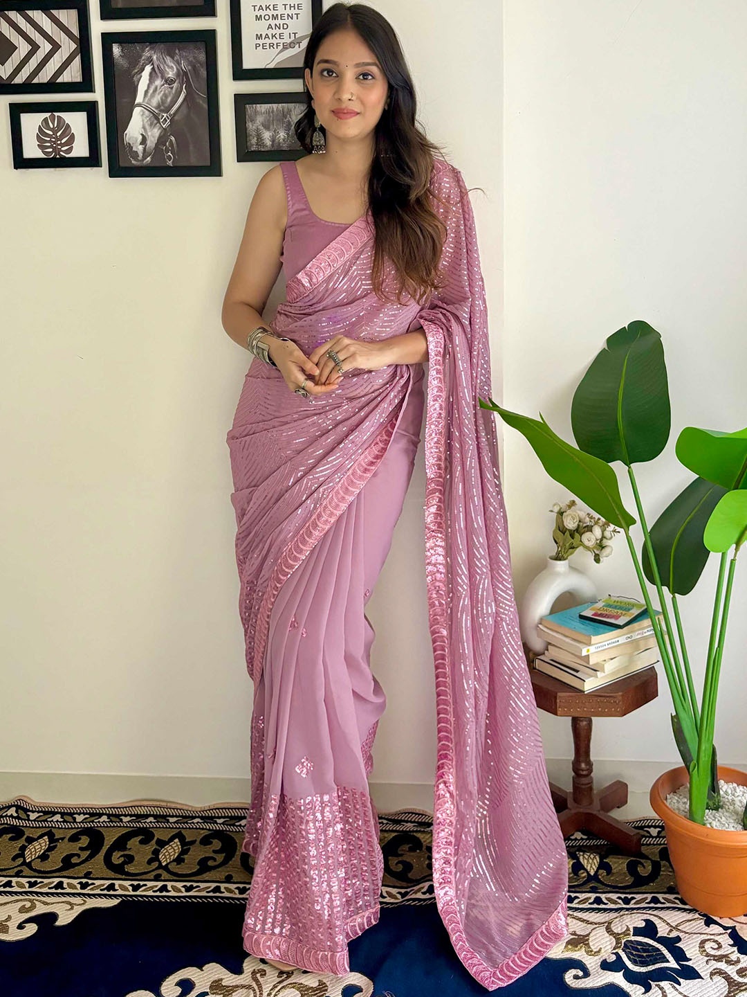 

Mitera Embellished Sequinned Saree, Pink