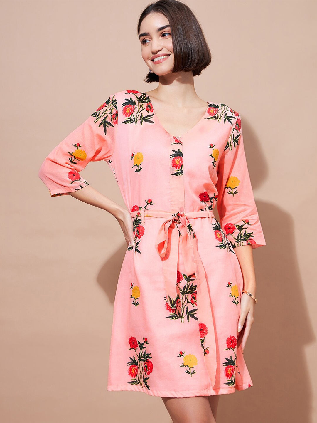 

all about you Floral Print V-Neck Scuba A-Line Dress, Peach