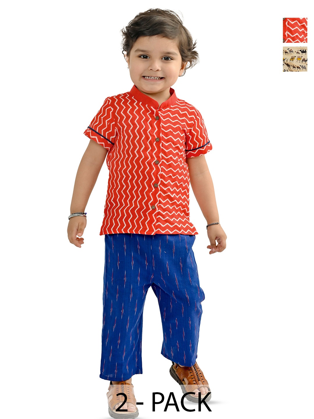 

Tiny Bunnies Pack Of 2 Boys Short Sleeves Mandarin Collar Printed Shirt with Trousers, Red