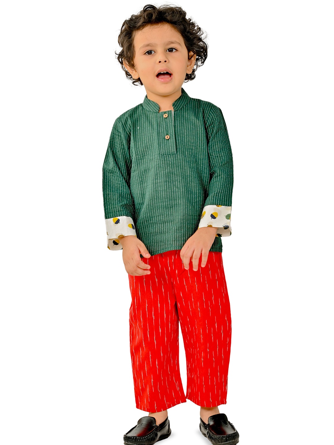 

Tiny Bunnies Pack Of 2 Boys Printed Long Sleeves Mandarin Collar Shirt with Trousers, Green