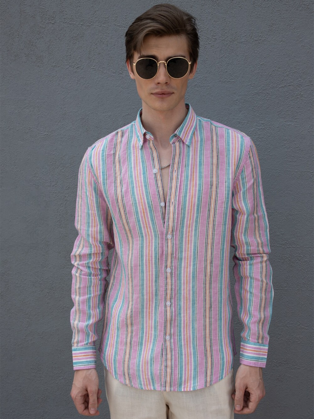 

Banana Club Classic Slim Fit Multi Stripes Opaque Striped Casual Shirt, Pink