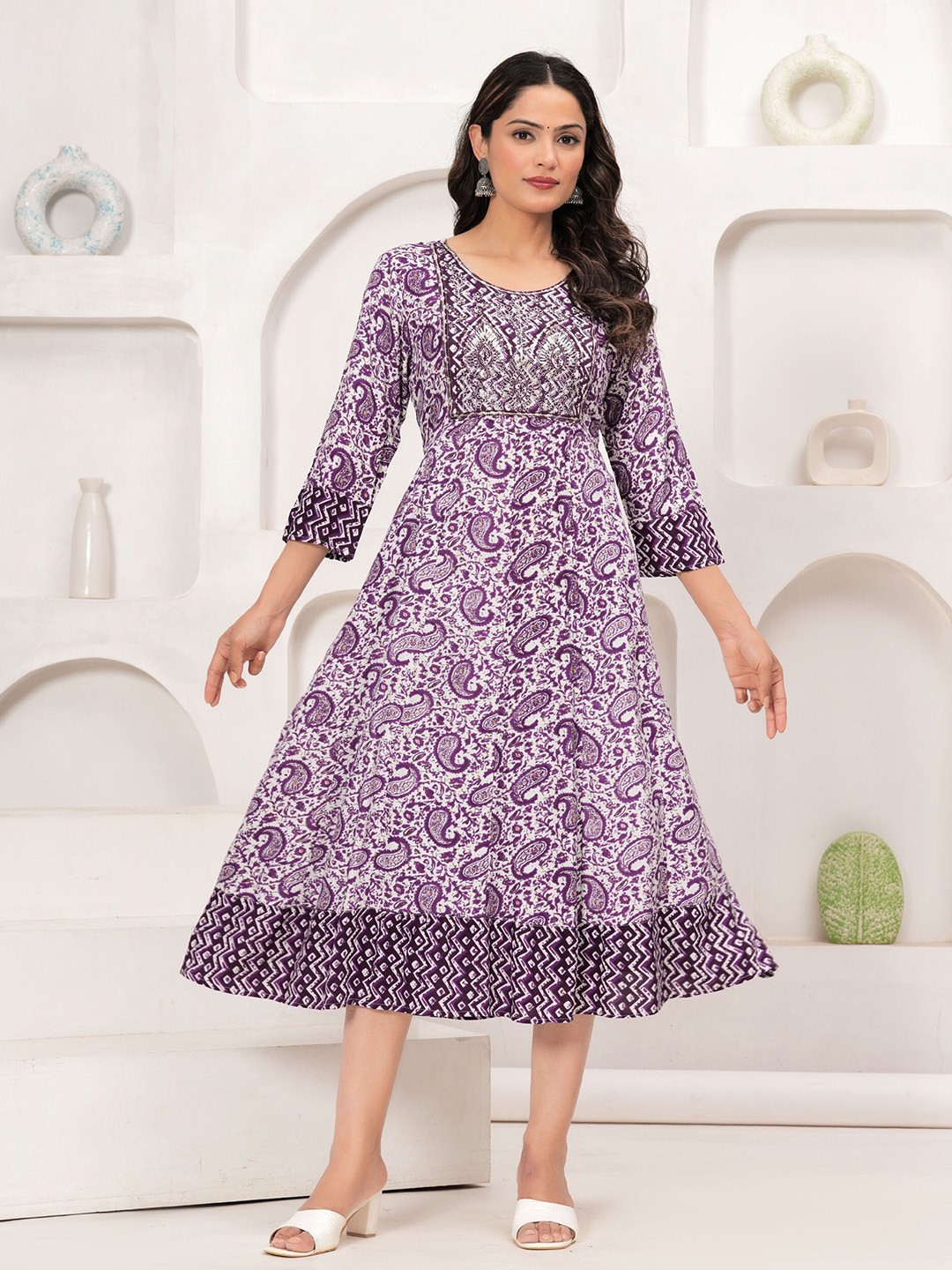 

BAESD Ethnic Motifs Printed Round Neck Sequinned A-Line Midi Dress, Purple