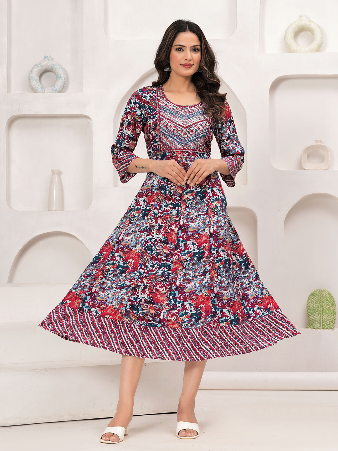 

BAESD Floral Printed Round Neck Sequinned A-Line Midi Dress, Purple