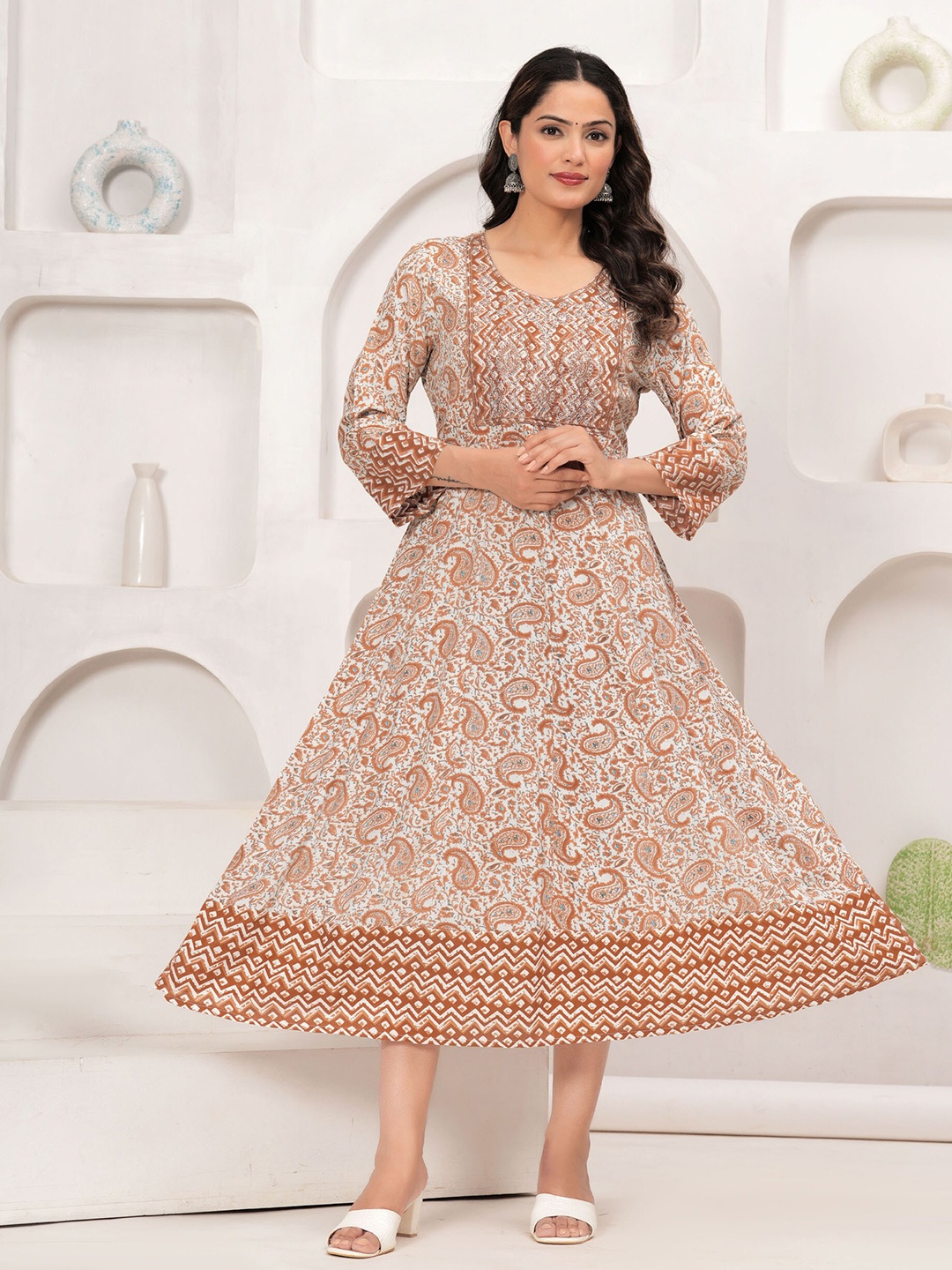 

BAESD Ethnic Motifs Printed Round Neck Sequinned A-Line Midi Dress, Yellow