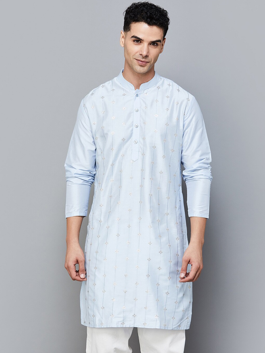 

Melange by Lifestyle Geometric Yoke Design Chikankari Mandarin Collar Straight Kurta, Blue