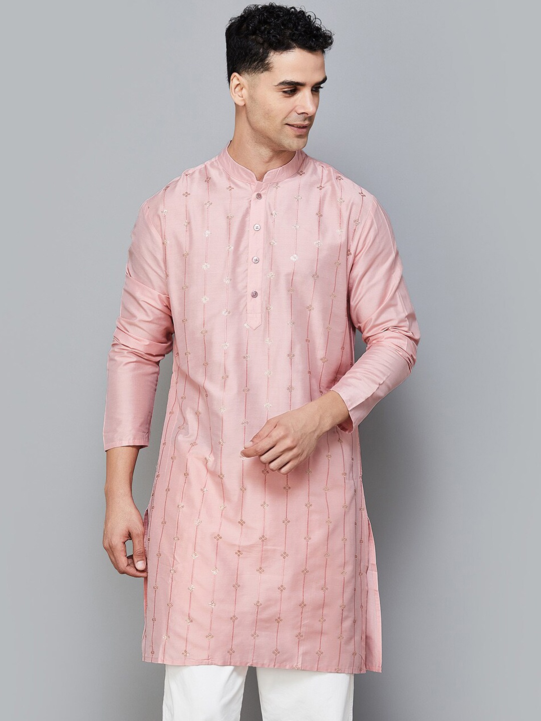 

Melange by Lifestyle Striped Mandarin Collar Sequinned Straight Kurta, Coral