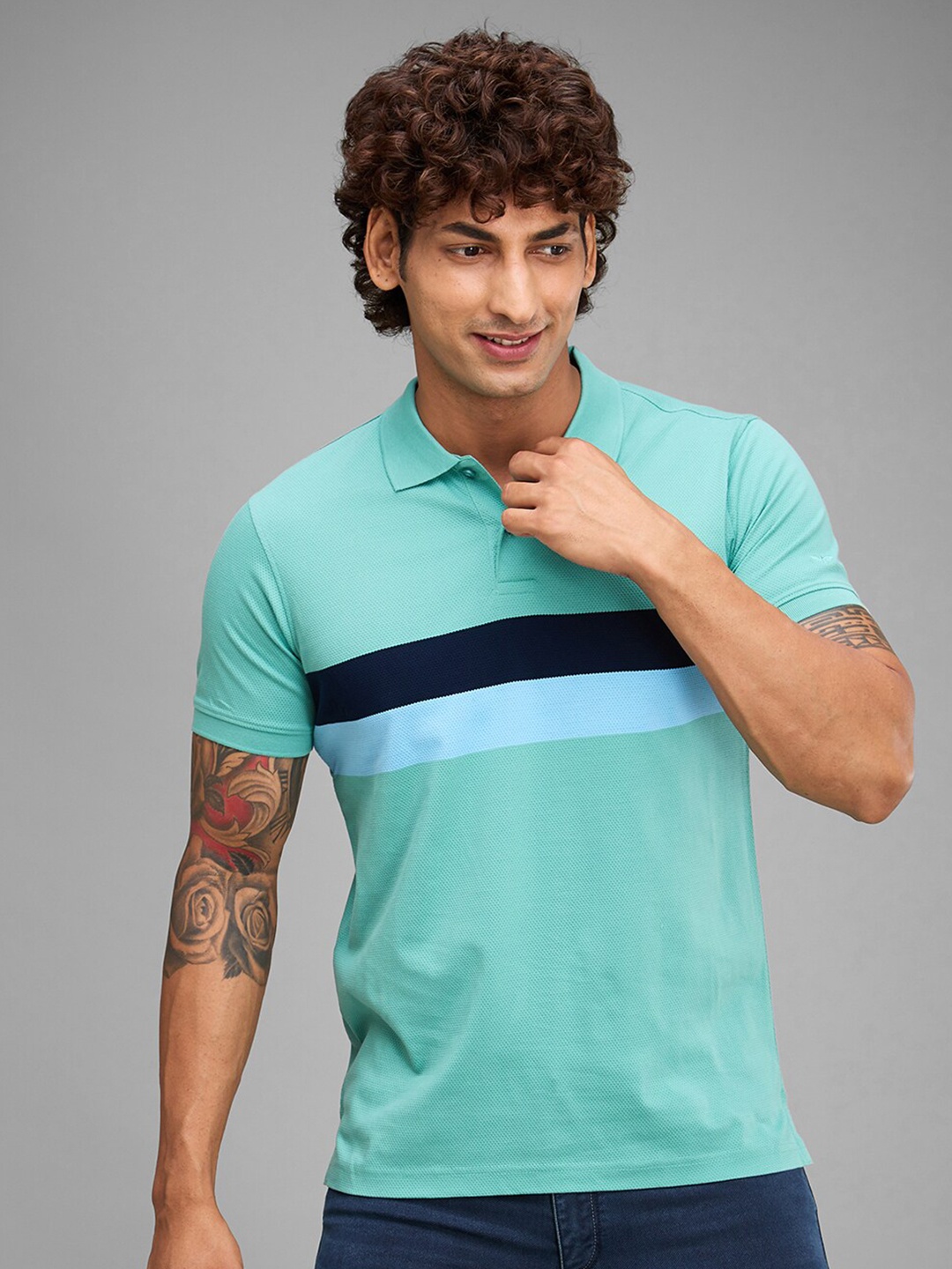 

Park Avenue Striped Polo Collar Cotton Slim Fit T-shirt, Green