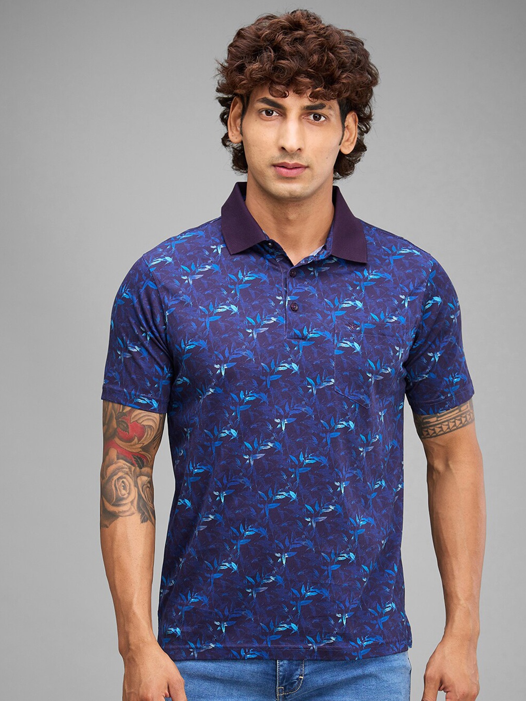 

Park Avenue Floral Printed Polo Collar Cotton Slim Fit T-shirt, Blue