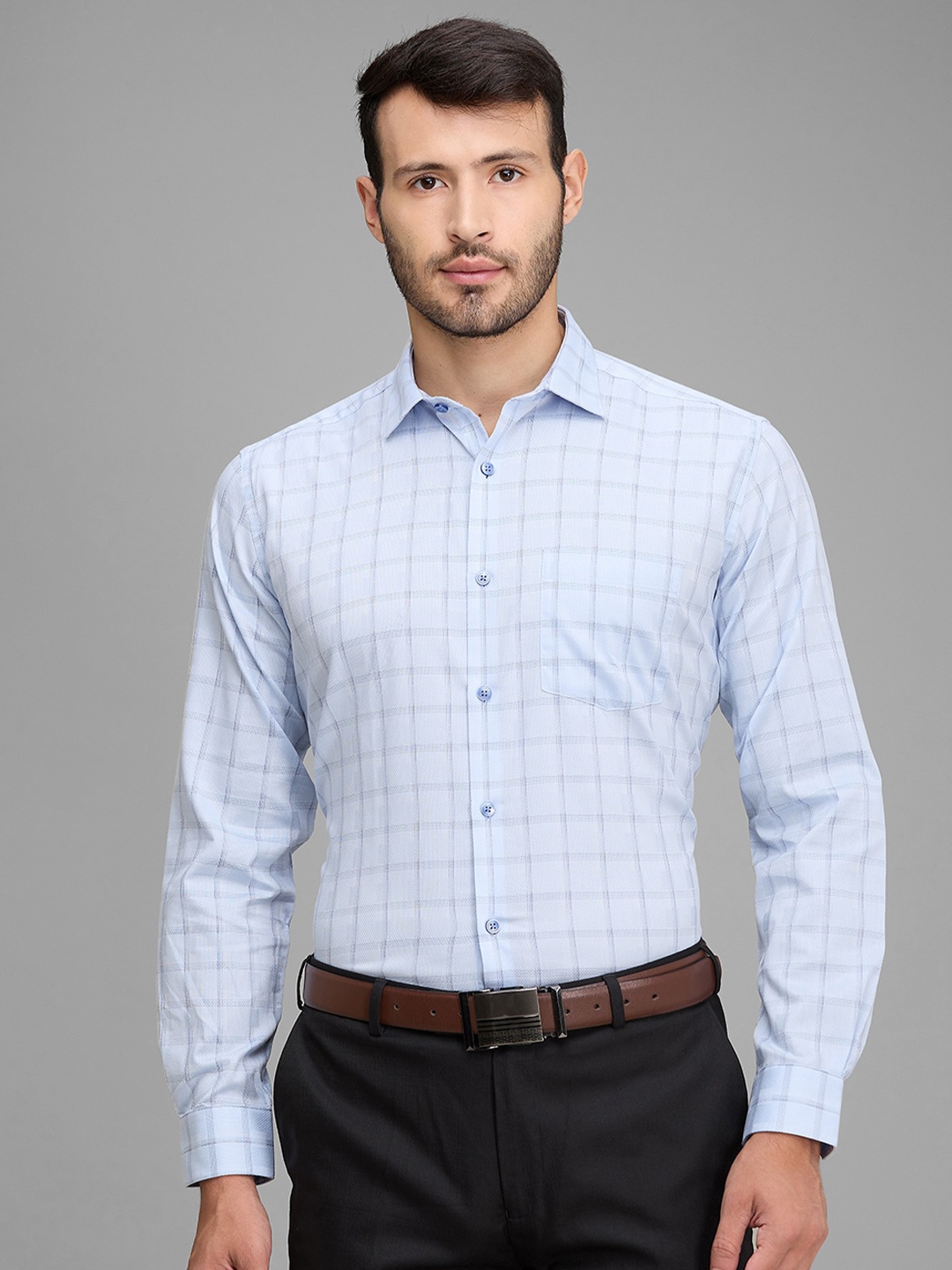 

Park Avenue Windowpane Checked Spread Collar Cotton Formal Shirt, Blue