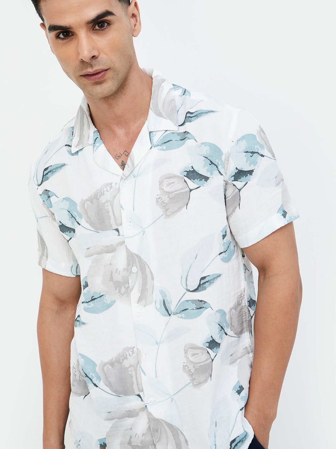 

CODE by Lifestyle Floral Printed Cuban Collar Regular Fit Casual Shirt, White