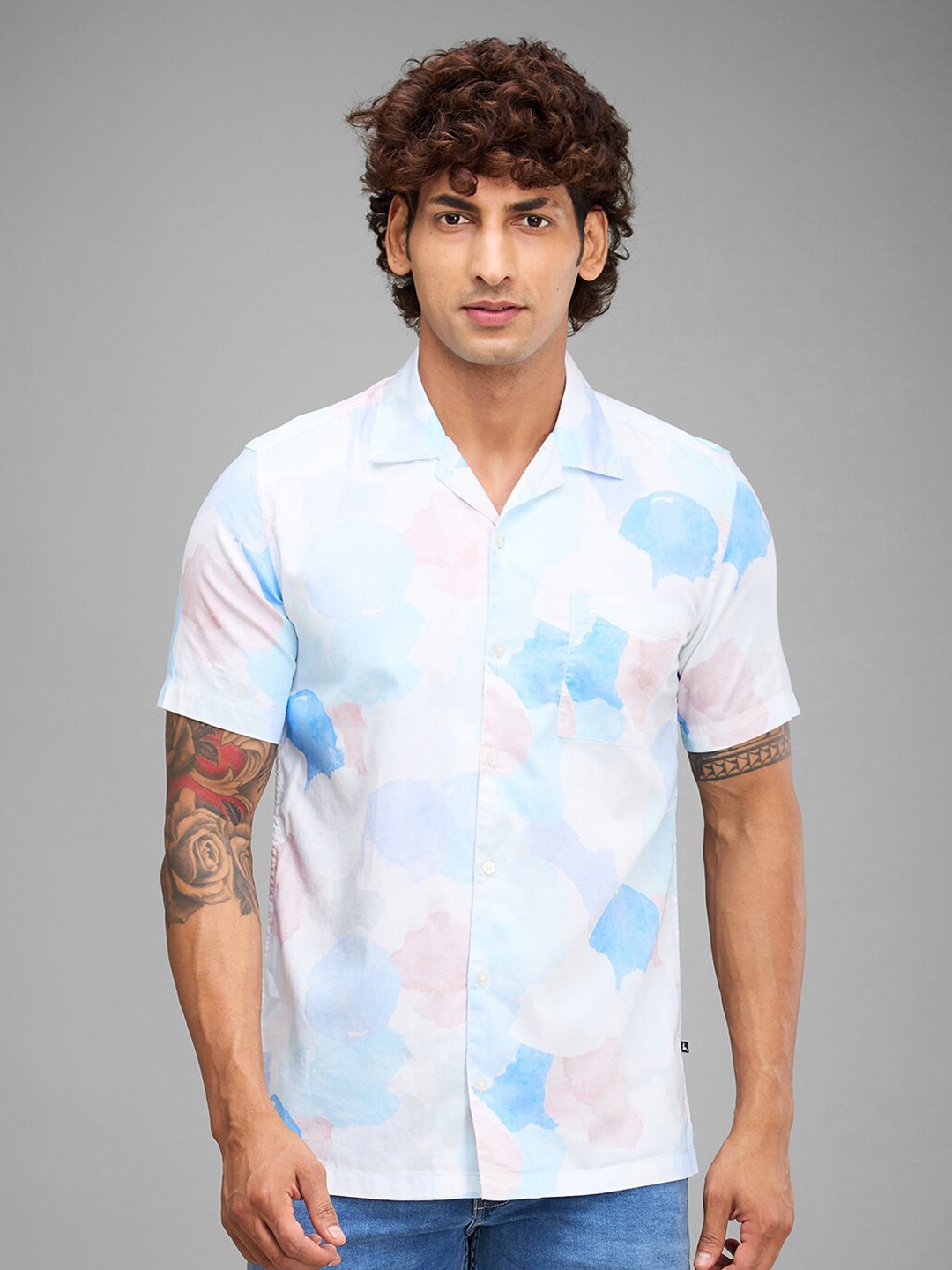 

Parx Abstract Printed Slim Fit Cuban Collar Cotton Casual Shirt, Blue