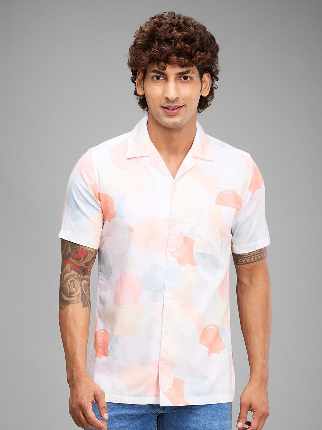 

Parx Abstract Printed Slim Fit Cuban Collar Cotton Casual Shirt, Orange