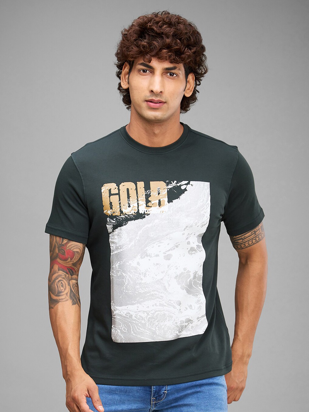 

Parx Graphic Printed Cotton T-shirt, Green