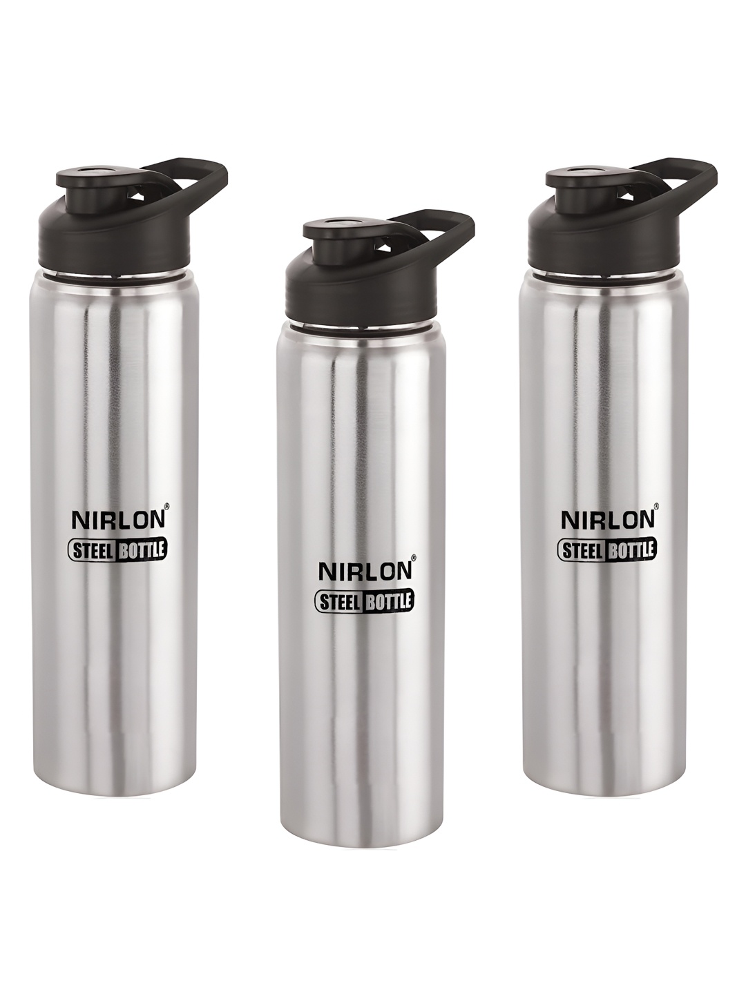 

NIRLON Silver-Toned & Black 3Pcs Stainless Steel Single Wall Vacuum Water Bottles 1l Each