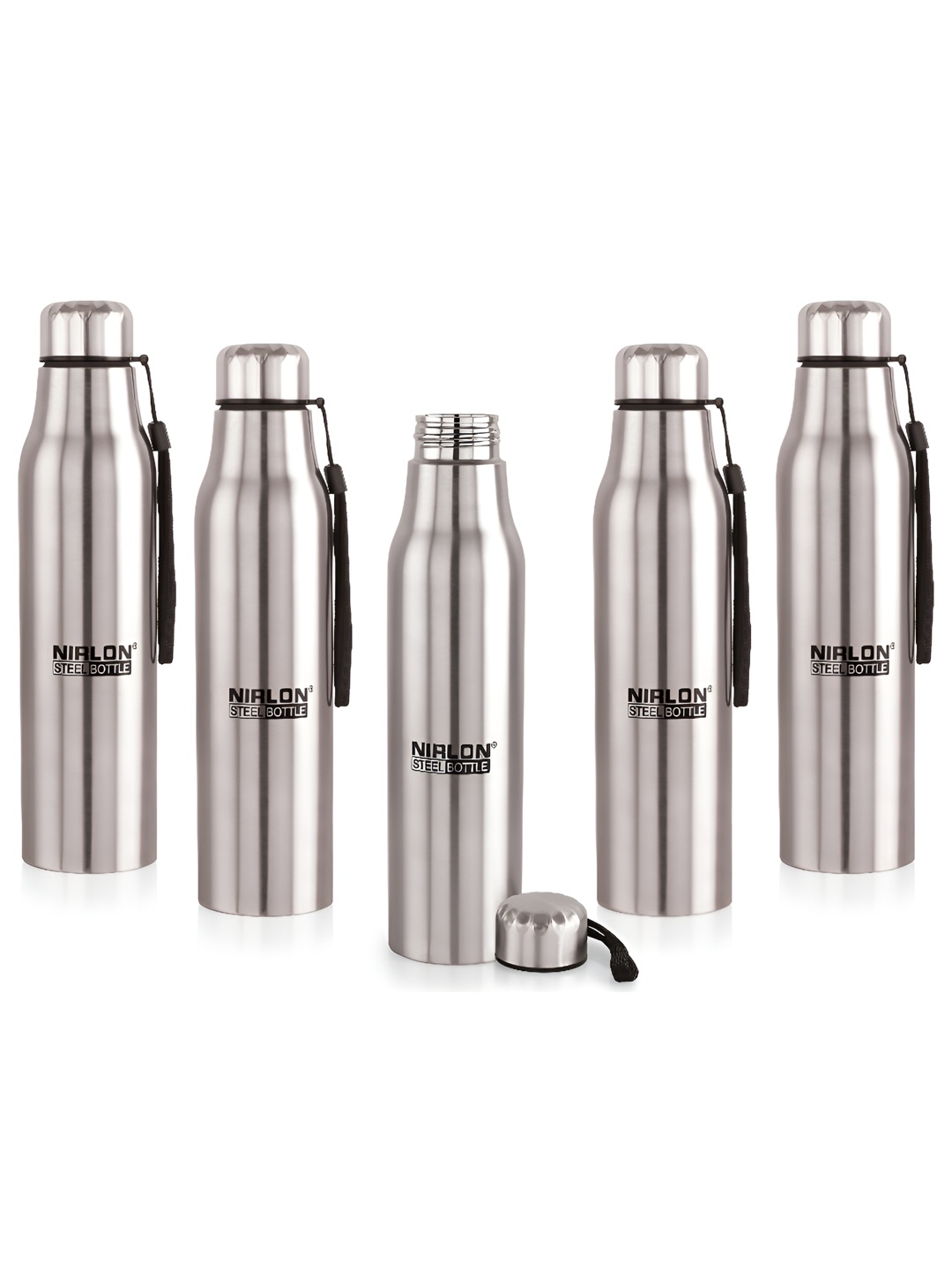 

NIRLON Silver Toned 5 Pieces Single Wall Vacuum Stainless Steel Water Bottles 650 ml Each