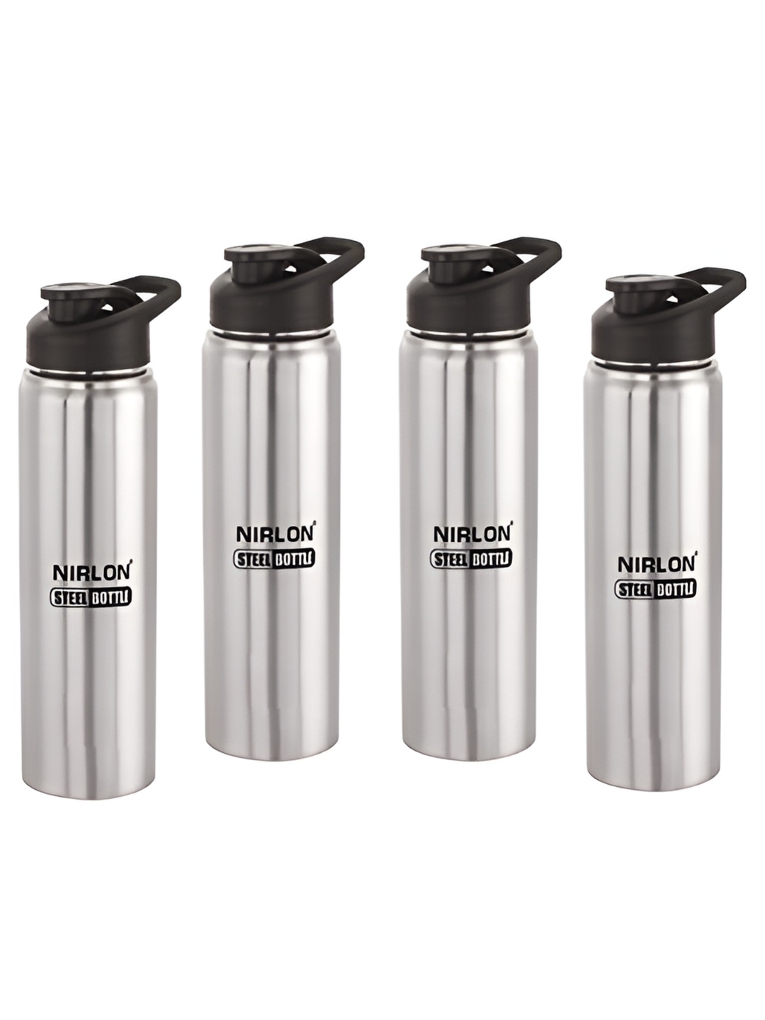 

NIRLON Silver-Toned & Black 4Pcs Stainless Steel Single Wall Water Bottles 1l Each