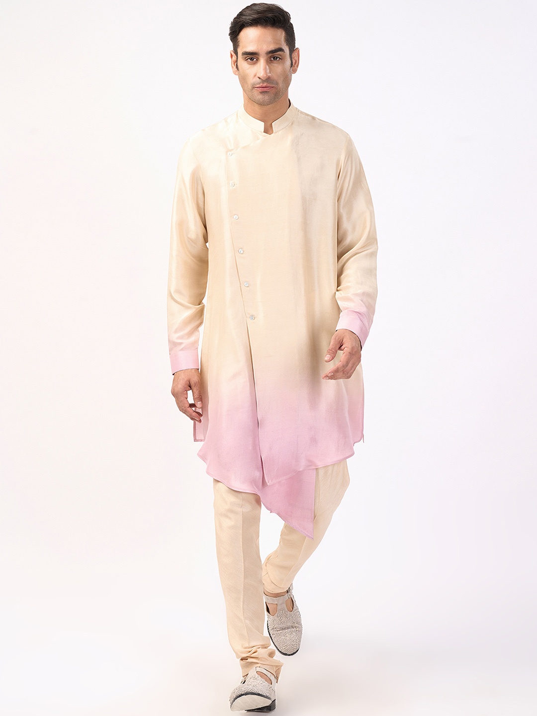 

Rohit Gandhi + Rahul Khanna Ombre Dyed Asymmetric Hem Mandarin Collar Silk Kurta, Beige