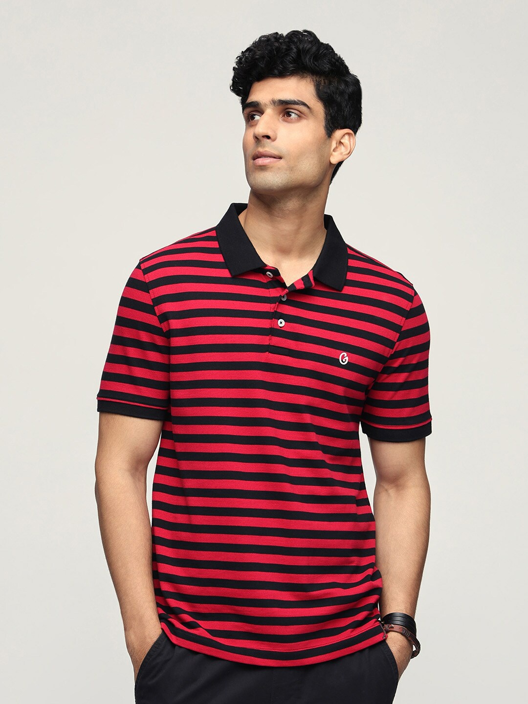 

Gloot Striped Polo Collar Casual T-shirt, Black